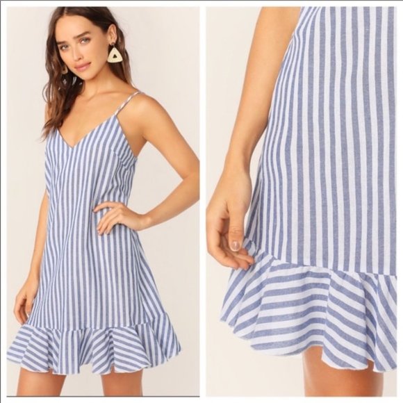 Boho Blue Striped Ruffle Hem Dress, XS 00/0/2 - Picture 3 of 10